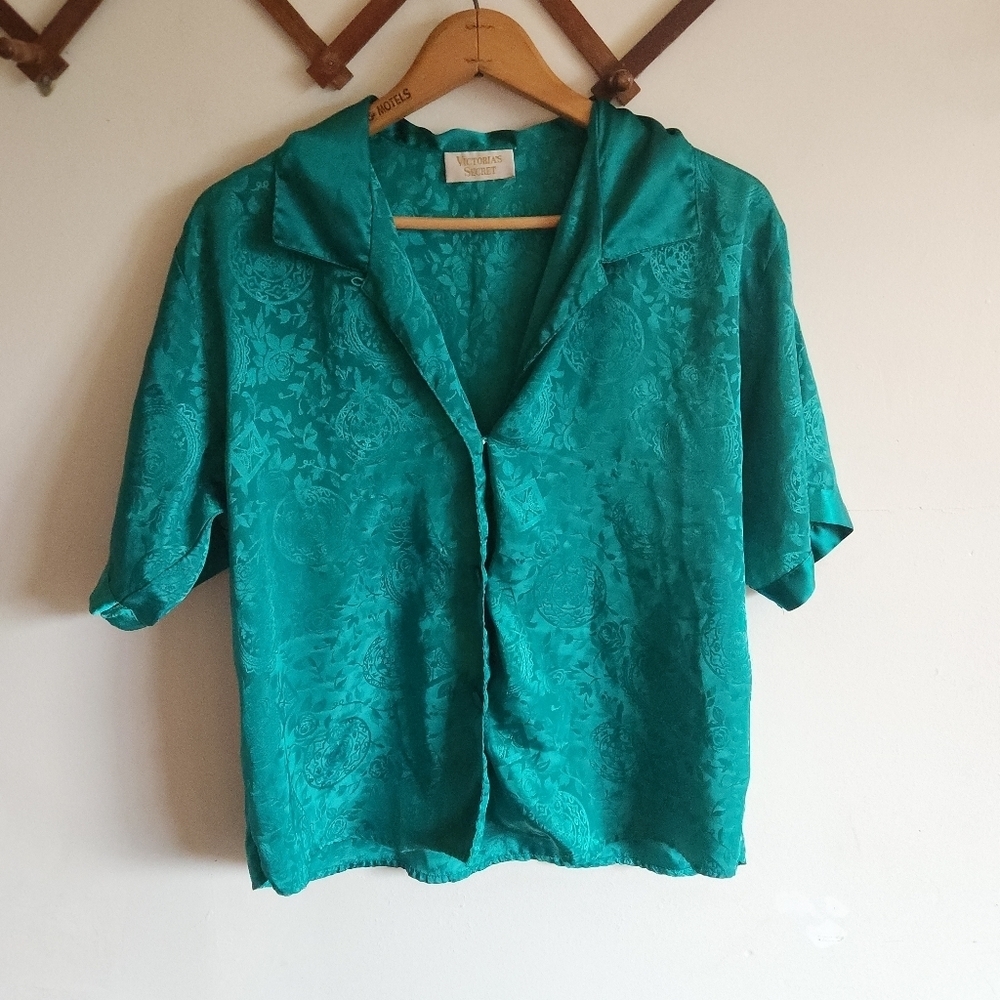 Vintage Victoria's Secret Teal Satin Button-Down Blouse Gold Label Large